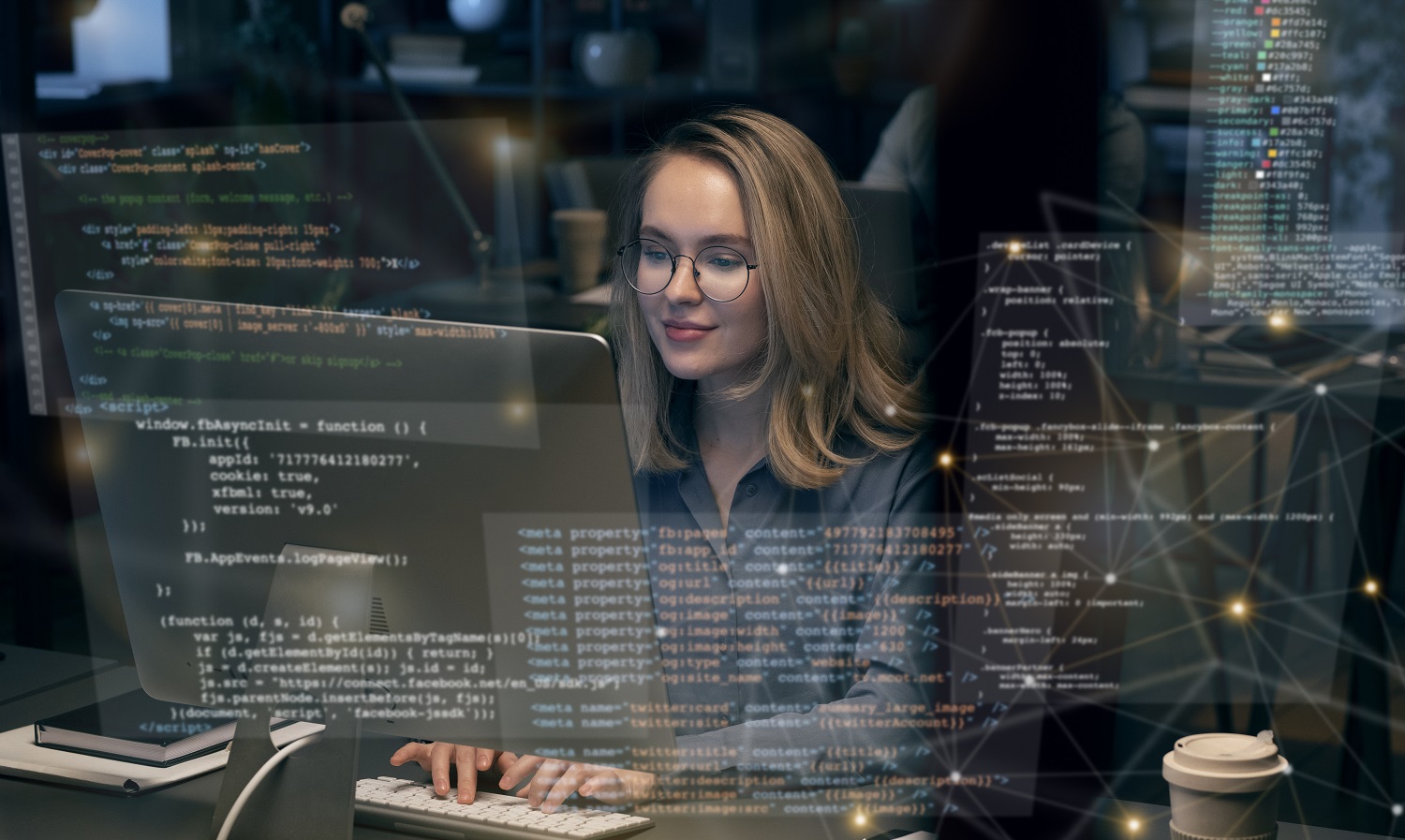 Happy IT team with clients and digital devices